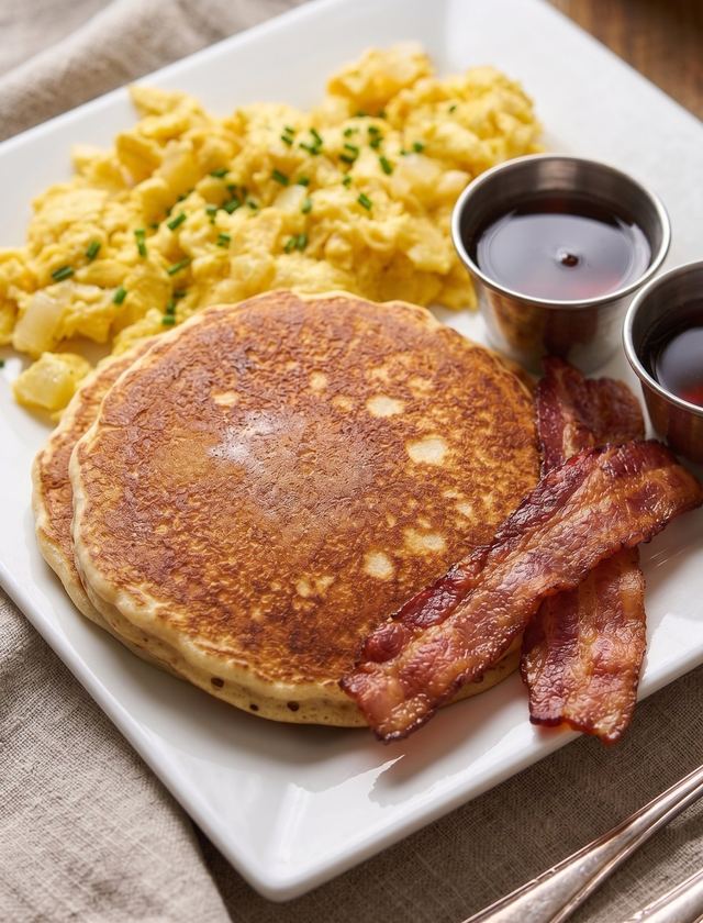 Pancakes, eggs and bacon at Hoot's Breakfast & Lunch