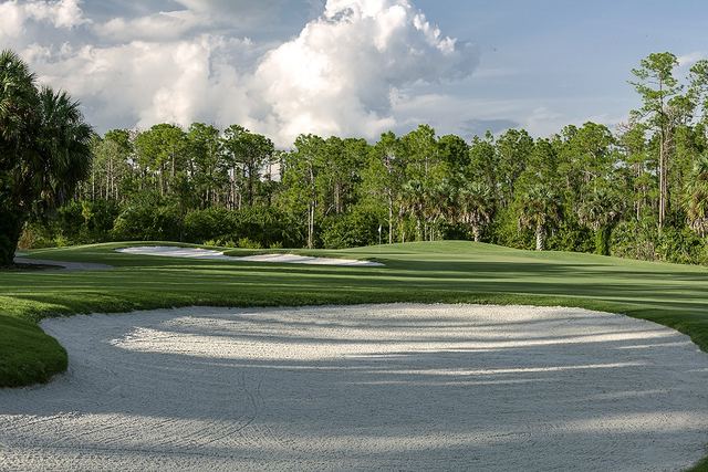 A bunker and green framed by pines at Valencia Golf & Country Club